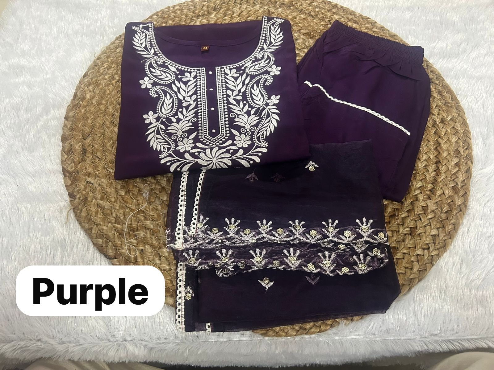 Purple Rayon Mirror Work Kurti Set